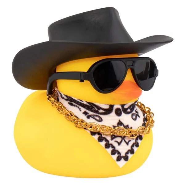 wonuu Car Rubber Duck, Yellow Duck Decoration Dashboard with Sun Hat Necklace Sunglasses for Car Dashboard Decorations, C-Duck-Black Cowboy Hat-Scarf
