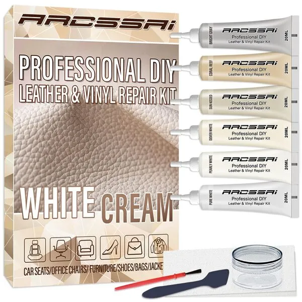 Cream Leather Repair Kit for Furniture, Car Seats, Sofa, Jacket and Purse, PU Leather Leather Repair Paint Gel for Repairing Tears & Burn Holes, with Color Matching Guide & Super Easy Instructions