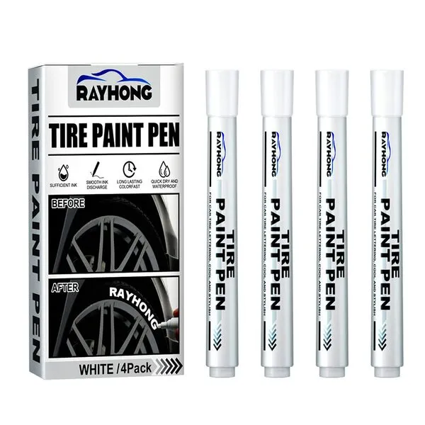 Tire Paint Pen, 4 Pack White Marker Pen Tire Paint Marker Pen Waterproof Oil Based Car Tire Tracing Pen for Auto Rubber Tyre (White)