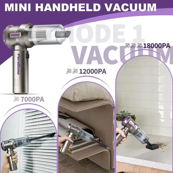 PeroBuno Car Vacuum Cleaner, High Power 18KPa, Handheld Vacuum Cordless Rechargeable, 35mins Runtime, 3-Gear, 2-in-1 Compressed Air Duster - Electric Canned Air - Portable Mini Hand Held Vacuum