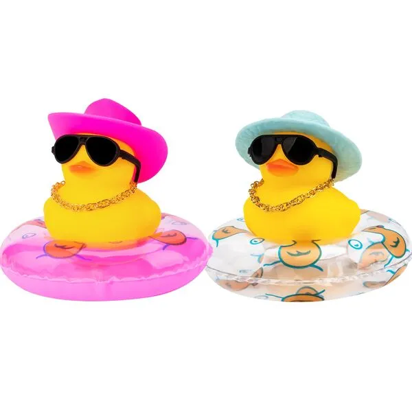 wonuu Car Rubber Duck 2Pcs Duck Car Decoration Dashboard Car Ornament for Car Dashboard Decoration Accessories with Mini Swim Ring Sun Hat Necklace Sunglasses, Blue Sun Hat&Pink Cowboy Hat&Transparent