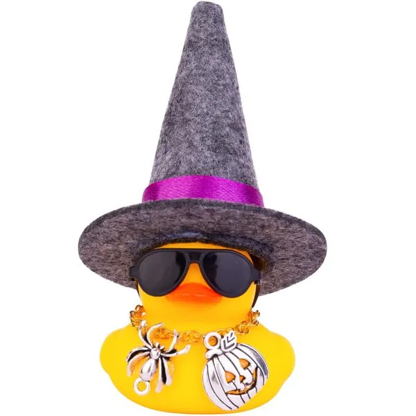 MuMyer Car Rubber Duck Ornaments Halloween Duck Car Dashboard Decorations with Mini Witch Hat Sunglasses Necklace Halloween Accessories for Halloween Themed Gifts(W9-Dark Gray&Purple Ribbon)