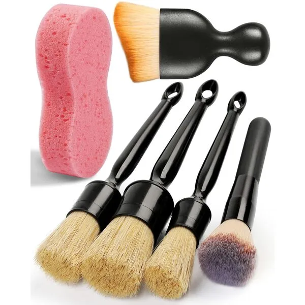 Birbenben 6PCS Car Detailing Brush Set, Ultra Soft Boars Hair Detail Brushes, Automotive Cleaning Brush Kit for Wheels, Air Vent, Leather Seats, Vehicles Auto Exterior Interior Detailing Brushes Tool
