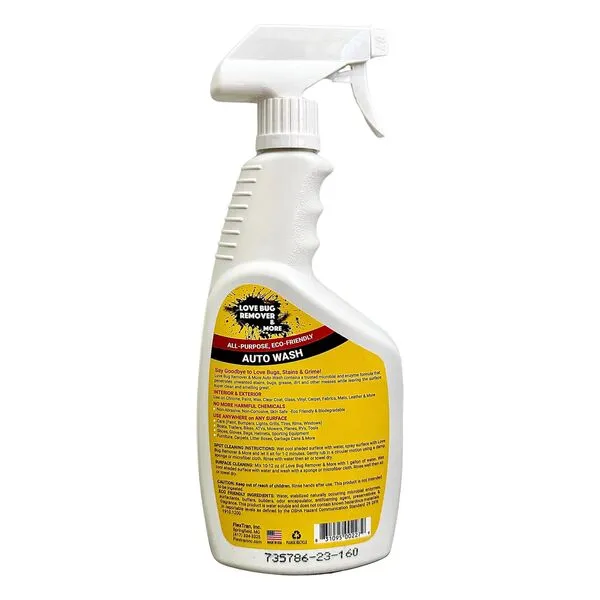Love Bug Car Remover Spray and Auto Wash. Multi-Surface Remover and Wash Bird Poop, Tar, Sap, Bugs and More. Interior & Exterior Car Detailing Solution. 24 oz spray bottle w/ microfiber cloth. No Chemicals