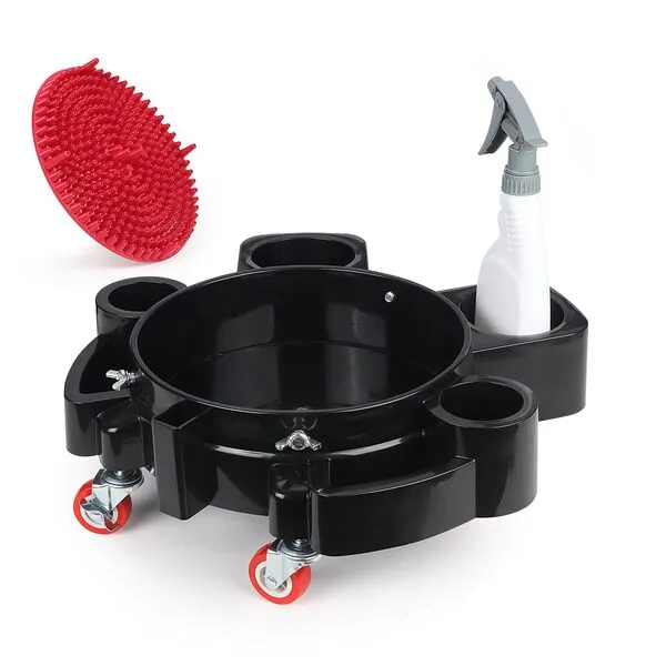 LCGP Bucket Dolly 5 Gallon Car Wash Professional Cleaning Bucket with Heavy Duty Wheeled Casters, Complimentary Strainer and Sprayer, Black