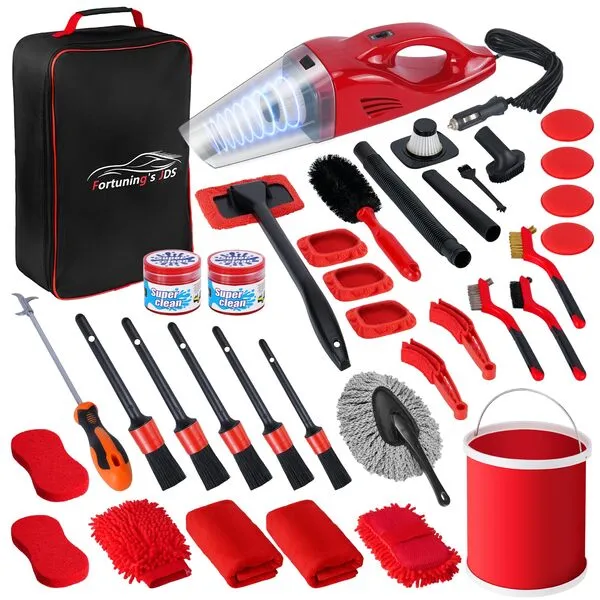 37PCS Car Detailing Kit Interior Cleaner, Auto Detailing Kit, Car Vacuum Car Interior Detailing Kit, Car Wash Kit with Bucket Detailing Brush Set Car Accessories for Motorcycle, Cars, Bikes, Wheels