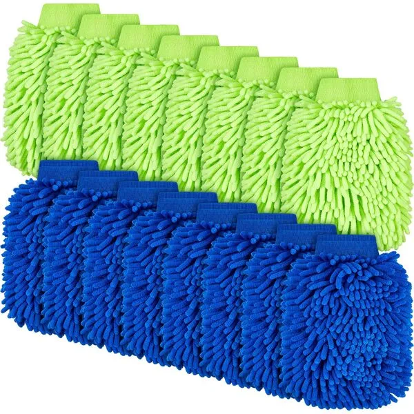 Toulite 16 Pcs Car Wash Mitt Chenille Microfiber Wash Mitt Double Sided Car Wash Glove Cleaning Drying Mitts (Royal Blue, Green,7.48 x 10.24 Inch)