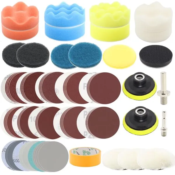 DAPLOMO 87pcs 3Inch Car Polishing Kit with Sanding Discs,M10 Shank Backing Pad Scouring Pads, Buffing Sponge Pads, Wool Pad, Polishing Buffing Pad
