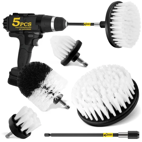 Holikme 5Pack Drill Brush Attachment Set-Car Interior Detailing Kit,Power Scrubber Brush Extended Long Attachment for Bathroom, Car,Shower,Carpet,Boat,Kitchen,Floor and Tile,White