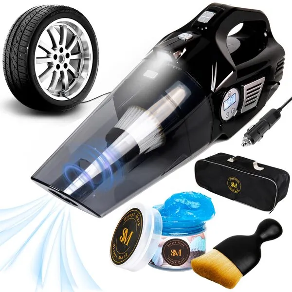 Strayt Mark 4-in-1 Portable Car Vacuum Cleaner for Car, Handheld Vacuum - Tire Inflator and Digital Tire Pressure Gauge with LED Light and Car Cleaning Gel and Brush, with 12V DC, 15FT Cord