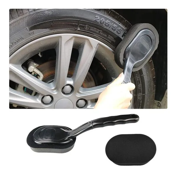 Sylvil Tire Shine Applicator Brush, High-Density Sponge Tire Dressing Applicator Pad with Long Handle, Multipurpose Curved Auto Tire Detailing Tool, Vehicle Cleaning Waxing Accessory