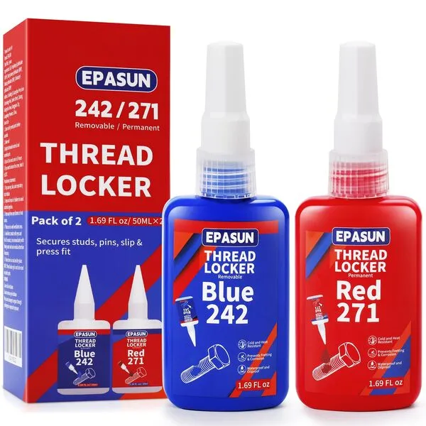 EPASUN 50ml x 2 Threadlocker Blue 242 and Red 271, Thread Lock Medium and Strong Strength Lock Tight for Nuts, Bolts, Fasteners, and Metals to Prevent Loosening and Corrosion