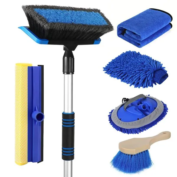 Wontolf 62\'\' Car Wash Brush with Long Handle, Scratch-Free Soft Bristles Sturdy Car Wash Mop Kit, Complete Car Cleaning Brush Kit Wash Mitt Towel Windshield Squeegee Wheel Tire Brush for Car Truck RV