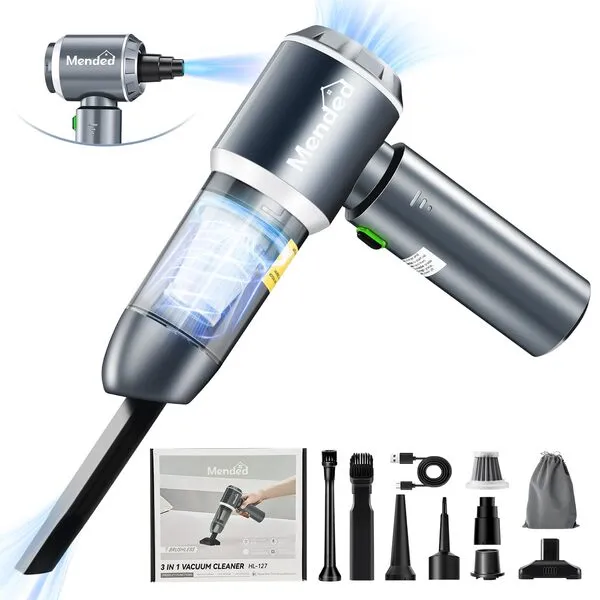 MENDED Car Vacuum Portable Cordless 15000PA,3 in 1 Handheld Vacuum Cleaner with 2024 Upgrade Brushless Motor and Type C for Car,Office and Home Cleaning HL127 Silver