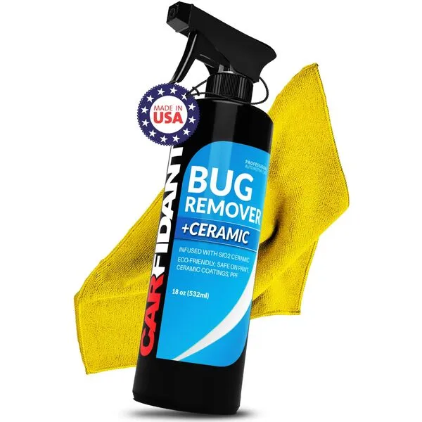 Carfidant Bug Remover for Cars Exterior with Ceramic Coating - Easily and Safely Clean Bug Splatter, Bird Poop from Paint, Plastic, Rubber, Metal, Chrome, Glass - 18oz with Microfiber Towel