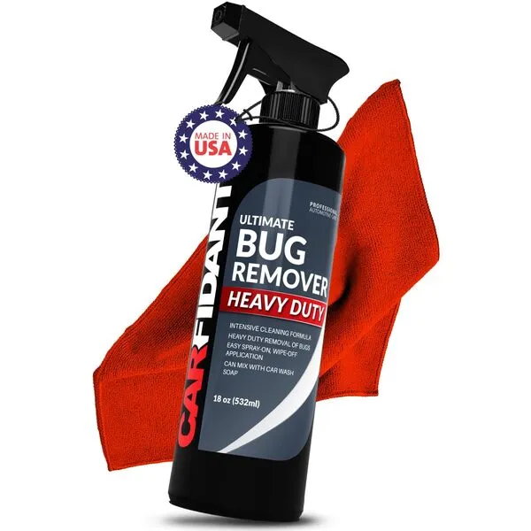 Carfidant Bug Remover Heavy Duty Spray for Cars Exterior with Microfiber - Easily and Powerful Clean Bug Splatter, Bird Poop From Paint, Plastic, Rubber, Metal, Chrome, Glass - 18 fl. oz.
