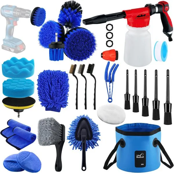 27Pcs Car Wash Cleaning Kit with Foam Gun, Car Detailing Kit, Auto Detail Supplies Tools With Wheel Drill Brush Set, Car Polishing Kit, Car Detailing Brush Set for Tires, Wheels, Interior & Exterior