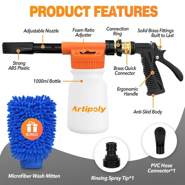ARTIPOLY Car Wash Foam Gun + Microfiber Wash Mitt - Car Foam Sprayer - Foam Cannon for Hose - Spray Foam Gun Cleaner - Snow Foam Blaster for Cars, Boats, RVs, Foam Cannon Connects to Any Garden Hose