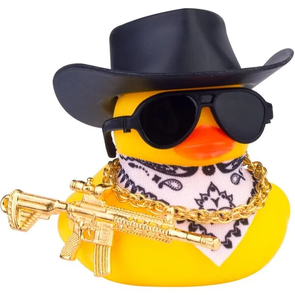 CoFuBcad Rubber Duck Dashboard Decoration Yellow Duck Car Ornament with Cowboy Hat Necklace Sunglasses Cool Prop for Car Dashboard Decorations (A-Black)