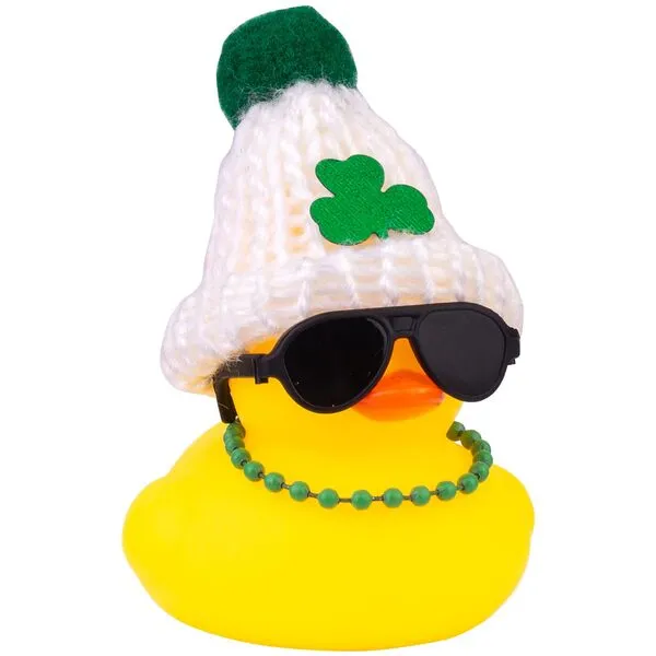 CoFuBcad Rubber Duck Car Dashboard St. Patrick's Day Decoration Cute Car Ornaments Accessories with Lucky Green Shamrocks Hat, Necklace and Sunglasse(B9)