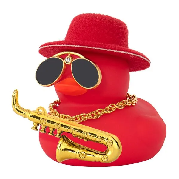 wonuu Car Dashboard Ducks, Saxophone Decor Rubber Duck Car Ornaments with Mini Top Hat Necklace Sunglasses (Red)