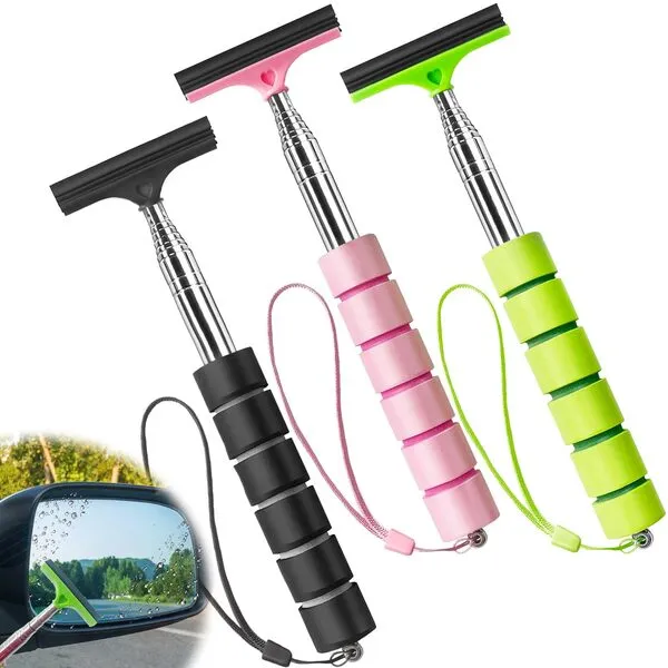3 PCS Side Mirror Squeegee,Retractable Car Rearview Mirror Wiper,Portable Car Mirror Squeegee for Rainy Foggy Weather,Universal Car Cleaning Accessories(Black/Pink/Green)