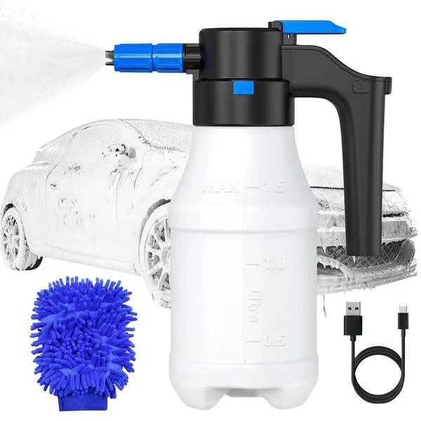 MFUZOP Electric Foam Sprayer with Wash Mitt, Battery Powered Foam Pump Sprayer for Car Washing, Cordless Car Wash Sprayer for Home Garden Car Detailing, 1.5L Pressure Sprayer with USB Charge