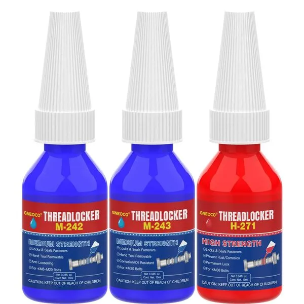 10ml x 3 Pack ThreadLocker Blue 243 242 and Red 271, Thread Lock Medium Strength and High Strength Lock Tight for Nuts, Anaerobic Curing Metal Glue to Prevent Loosening and Corrosion