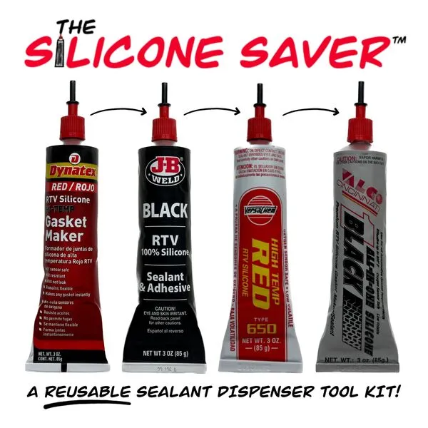 Sealant Dispenser Tool Kit for RTV Silicone Sealant 3 oz Flexible Tubes | (2) Anti-Clog Nozzle Applicator Tools for Adhesive Caulk | Reusable Sealer Caps for Gasket Maker Sealant Squeeze Containers