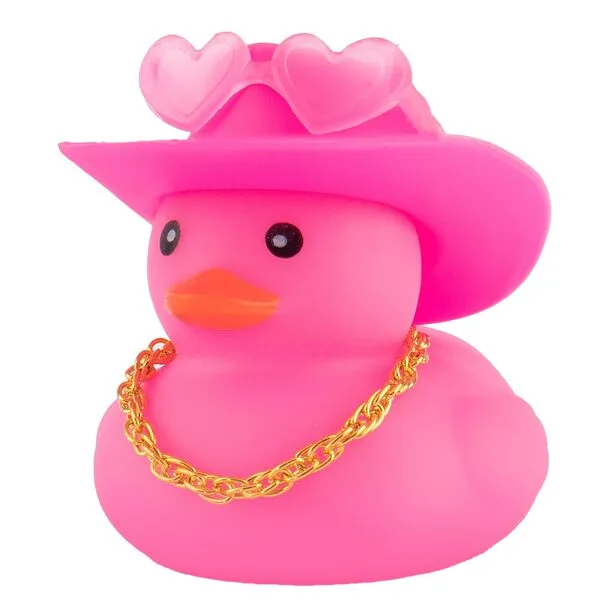 wonuu Car Cowboy Rubber Ducks, Dashboard Decorations Pink Duck for Car Ornament Accessories with Hat Heart Glasses Chain, Pink
