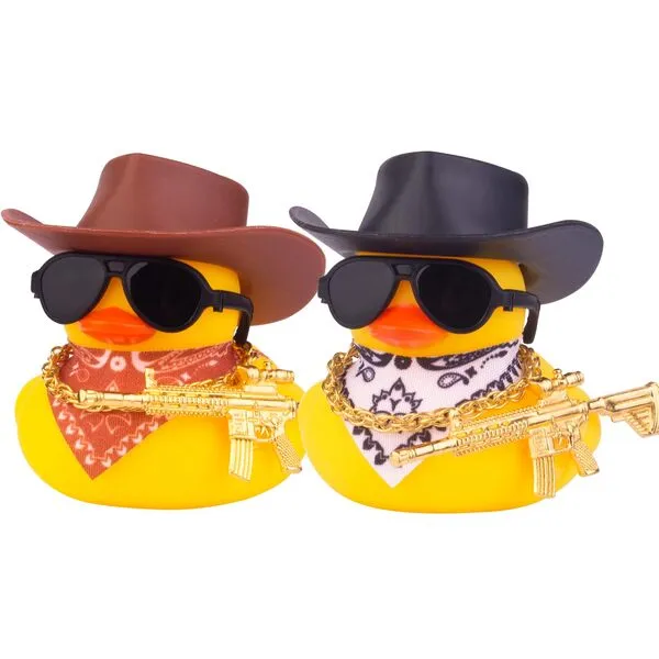 CoFuBcad 2PS Car Rubber Duck Dashboard Decoration, Yellow Duck Car Ornament Cute Car Accessories with Cowboy Hat Necklace Sunglasses Cool Prop for Car Dashboard Decorations(Black & Brown)