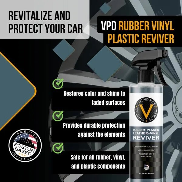 VPD Rubber, Vinyl & Leather Reviver 16oz - Car Detailing Conditioner for Tire Shine, Trim & Interior Renewal, Water-Based, Non-Greasy, Protects & Refreshes Your Tires, Dashboard & Car Interior