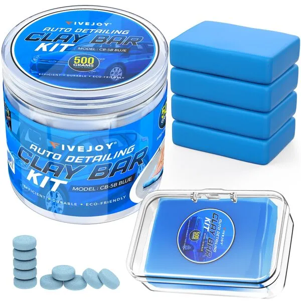 FiveJoy Car Clay Bars Auto Detailing Kit - Premium Grade, 5x100g Clay Bars, 10 Lubricant Tablets, Resealable Plastic Bottle & Small Storage Box - Eco-Friendly & Safe