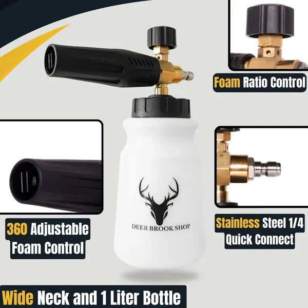 Deer Brook Shop Brass Foam Cannon for Pressure Washer, Car Wash Snow Foam Blaster with 1/4 Quick Connector and Adjustable Nozzles,1 L Bottle, White