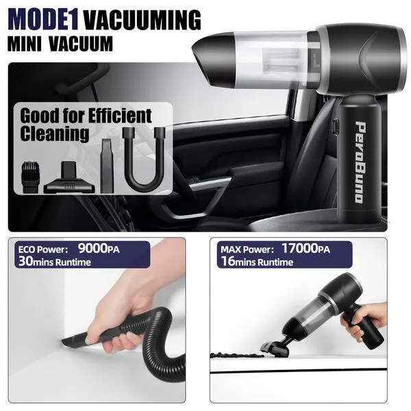 PeroBuno Cordless Car Vacuum Cleaner, 17000PA High Power, 2in1 Mini Vacuum and Air Duster, Rechargeable Handheld Vacuum with Type-C and Flexible Hose, Portable Vacuum for Car Home Keyboard Cleaning