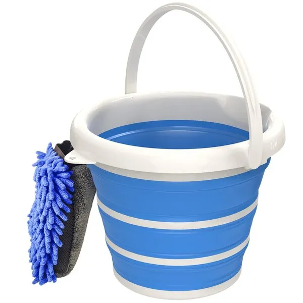 Collapsible Car Wash Bucket with Microfiber Mitt, 10L (2.6 Gallon) Portable Water Bucket with Handle for Car Wash Household Cleaning, Multiuse Collapsible Water Bucket and Car wash mitt - Blue