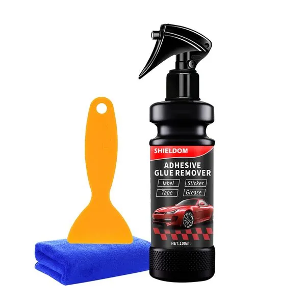 SHIELDOM Adhesive Remover, Dissolve & Soften Adhesives on Car Glass & Paint, Easily Remove Glue Sticker Labels Decals Tape Residue, Portable Spray Removal Set with Spatula & Towel - 3.4oz/100ml