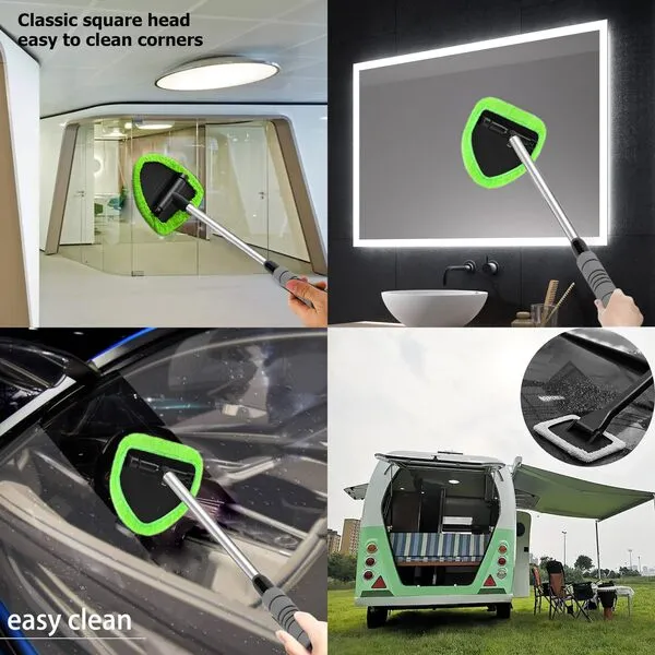 Windshield Cleaning Tool - Extendable Handle Car Window Cleaner with 3 Reusable Cloth Pads, Auto Glass Wiper Kit for Interior & Exterior, Ideal for Dirty Car Windows