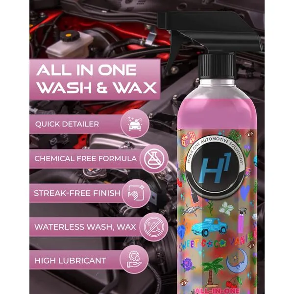 Hyper One Waterless Car Wash and Wax Spray - Fun Pink Coco Vanilla Scent, High Glossy Spray Wax for Car Interior and Exterior Detailing, Quick Detailer for Automotive - 8 Car Wash Capacity (16 fl oz)