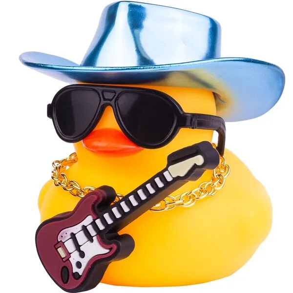 CoFuBcad Car Yellow Rubber Duck, Duck Dashboard Decoration with Cowboy Hat Necklace Sunglasses Mini Musical Instrument for Car Dashboard Decorations (Blue-Hat)