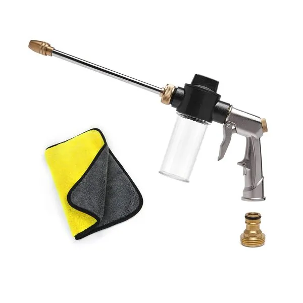 MOSIKEN Heavy Duty Metal Garden Hose Nozzle with 100cc/3.5oz Plastic Soap Dispenser Bottle, High Pressure Foam Gun Car Wash Sprayer + Washing Towel, For Gardening, Watering Plants, Floor Cleaning