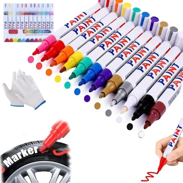 Qioeryt Waterproof Tire Paint Pen, Car Tire Marker Pens, 12 Colors Waterproof Non-Fading Tire Paint Pen, Waterproof Car Tire Paint Pen, For Metal, Fabric, Glass, Diy Craft (1pcs)