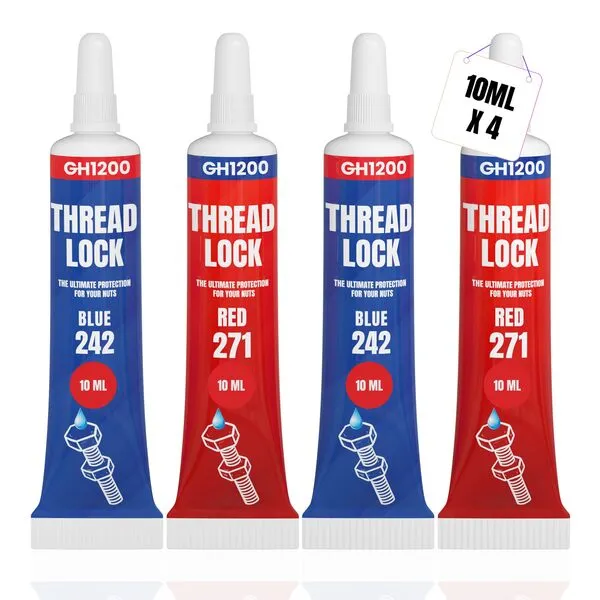 GH1200-10ML x 4 Pack Thread Lock 271 & 242 Medium & Strong Strength for Nuts, Bolts and Metals, Threadlocker Lock Tight & Seal Fasteners with Stable and Consistent Performance (Red & Blue)