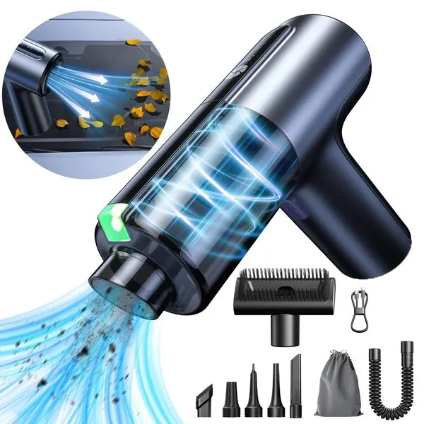 CAFELE Car Vacuum Cleaner Cordless Portable, Mini 14000PA High Power Brushless Motor 3 in 1 Dust Suction& Air Blower& Inflatable, with 7 Nozzles, Dust Display Lights, Cleaning for Car Home Office