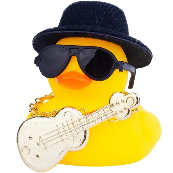 MuMyer Car Rubber Duck Ornaments Yellow Duck Car Dashboard Decorations with Mini Top Hat Guitar Sunglasses Necklace(G2)