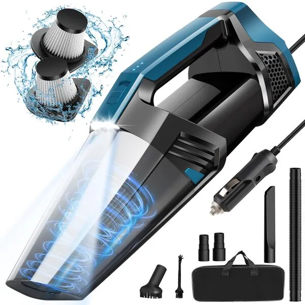 Car Vacuum - Portable Vacuum Cleaner with 16.4ft Cord, Bag, LED Light & Attachments - DC 12V High Power Small Vacuum for Car, RV, Boats, Travel - Car Accessories