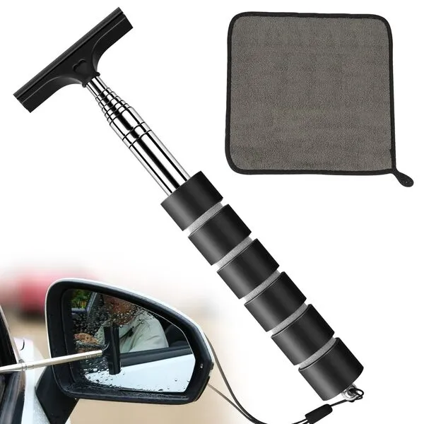 COFSODI small car side mirror squeegee(38-inch), Retractable Long Handle Mini Windshield Cleaning Tool, Car squeegee for window cleaning, (Retractable Wiper-Black+Towel)