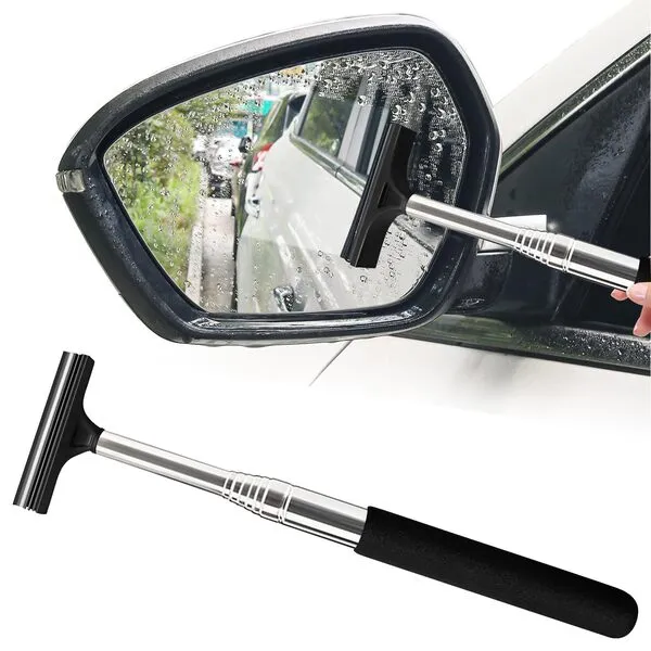 1 Pcs Car Window Mini Squeegee Retractable Auto Glass Squeegee Car Rearview Mirror Wiper Water Cleaner with Telescopic Long Rod Portable Cleaning Tools for All Vehicles (Black)
