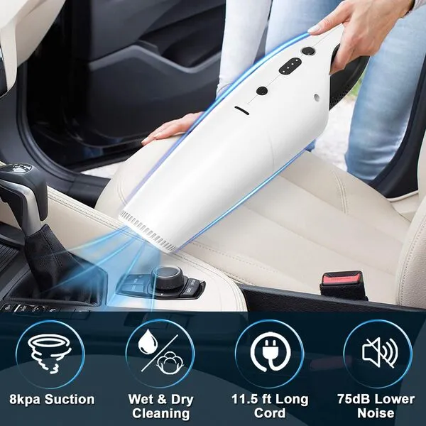Marbro Car Vacuum Cleaner, Handheld 12000Pa Wet and Dry Strong Suction Vac, High Power for Interior Cleaning, DC 12V Lightweight Portable Vacuum Cleaner with Low Noise Only for Car, White