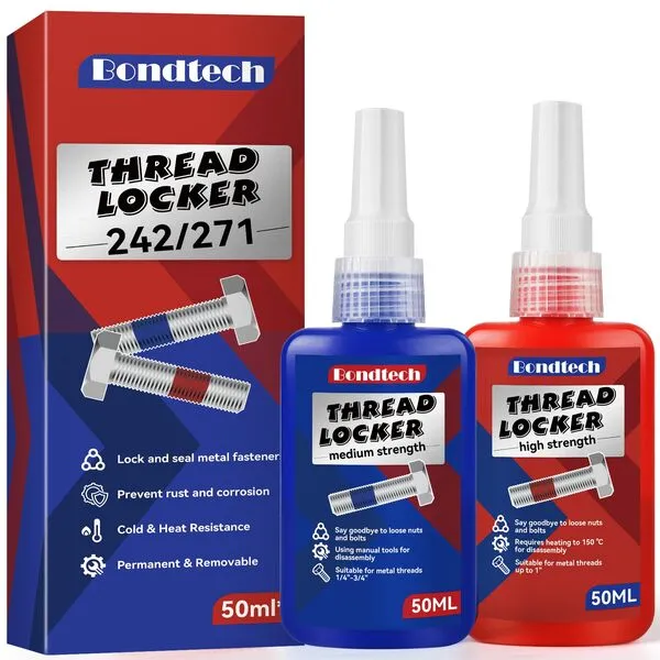 Thread Lock Blue 242 and Red 271, Lock Tight Threadlocker Medium and High Strength, Thread Locker for Nuts, Bolts, Fasteners and Metals, Against Losening and Leakage (50 mlx2)